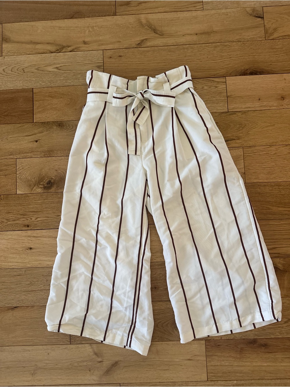 White Wide-Leg Striped Tie-Waist Pants